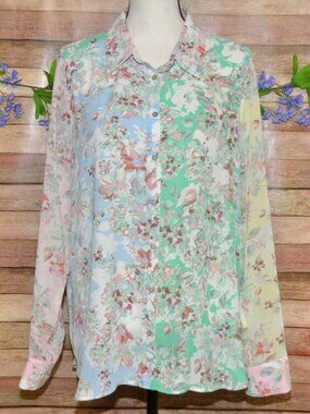 Rose & Olive Button Up Blouse XL Mixed Color Floral Print Chiffon Long Sleeve